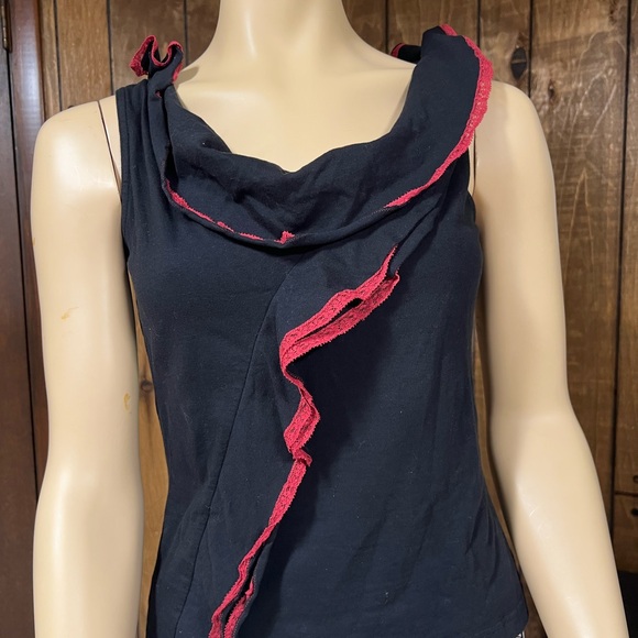 Auth.Christian Dior black cotton top w/red laced trim size 10 (42)excellent